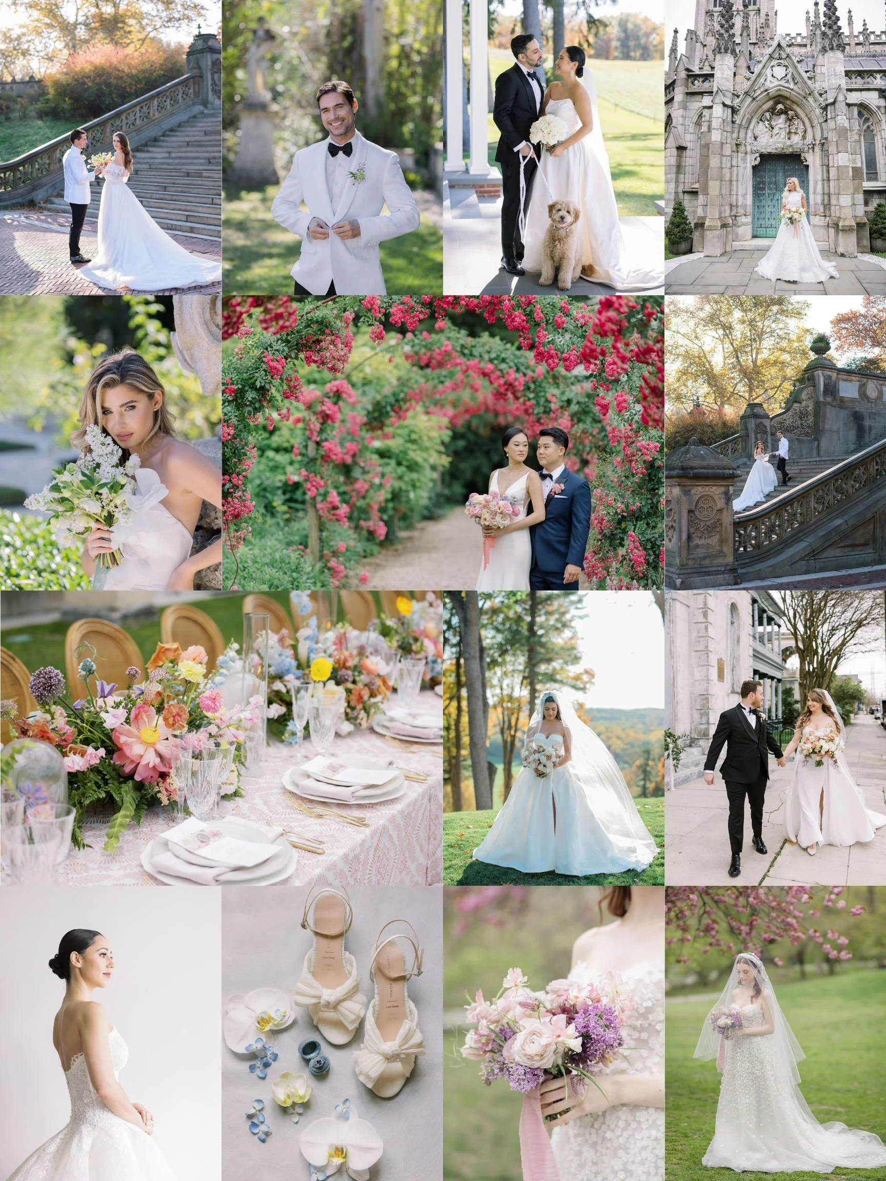 Collage of wedding scenes including couples in wedding attire, couple walking down the street, wedding dress and bride holding a bouquet, decorated table with flowers and candles, bridal shoes, and floral backgrounds.