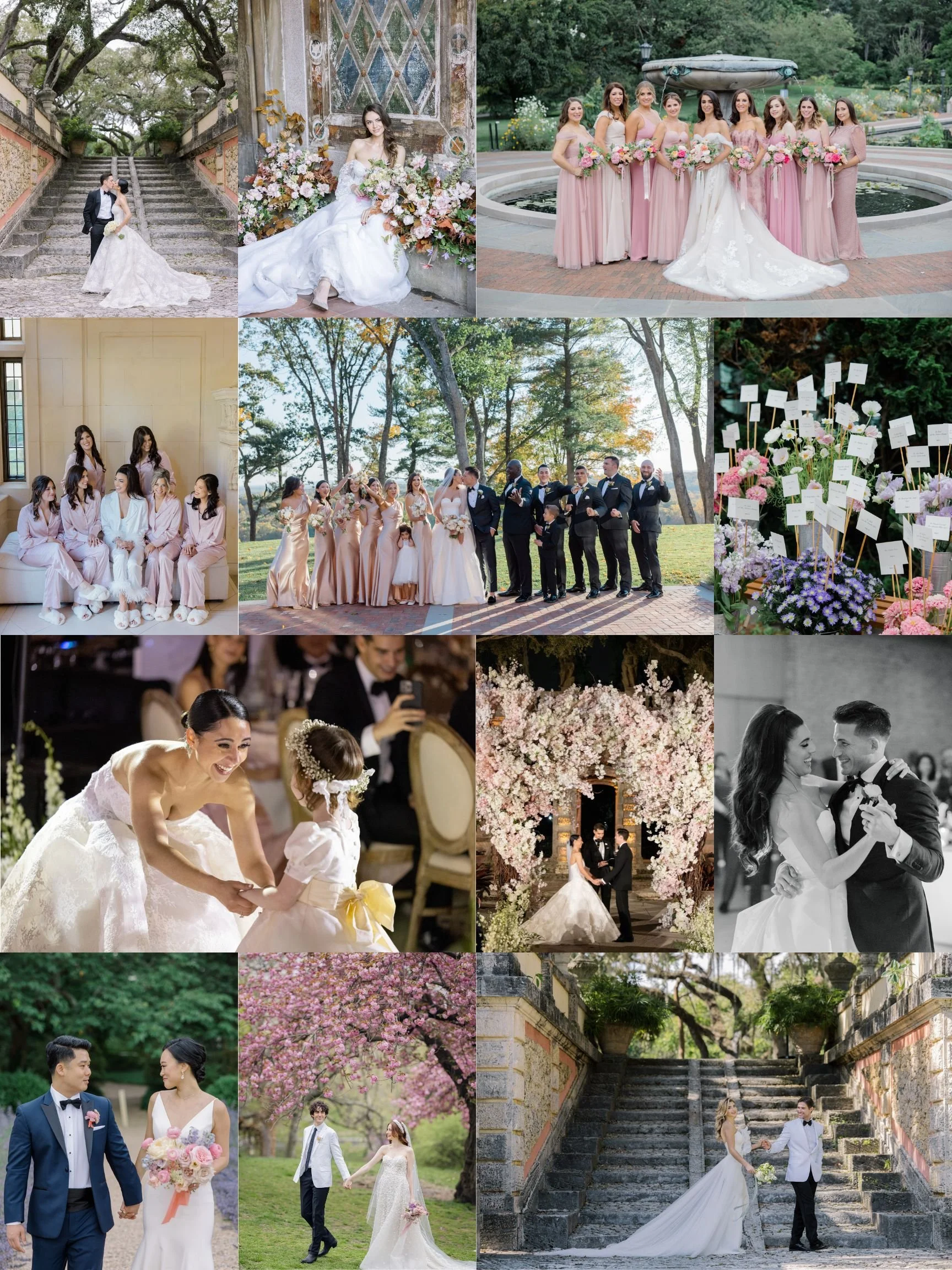 A collage of wedding photos, including bride and groom portraits, group photos with bridesmaids and groomsmen, candid shots of the bride and flower girl, wedding ceremony under a floral arch, and couple walking on outdoors paths and stairs.