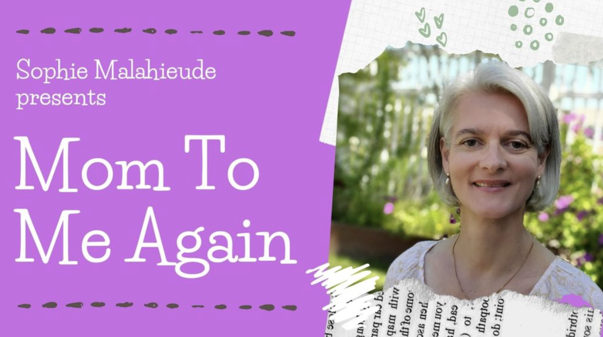 Book cover titled 'Mom To Me Again,' presented by Sophie Malahieude, featuring a smiling woman with short gray hair in a garden setting with flowers in the background.