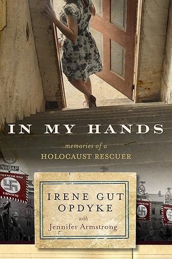 Image of a woman leaving a building in the background of the Holocaust