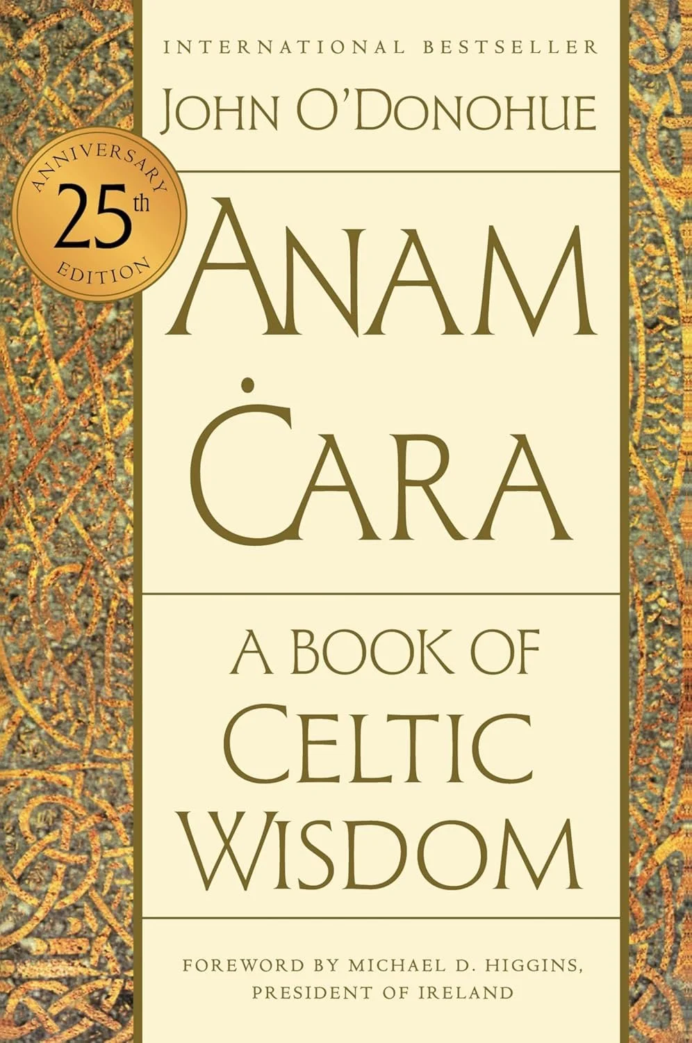 Book cover - Cream colored cover with vertical panels of celtic art on the left and right edges of the cover.