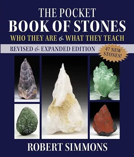 Book cover - Dark blue backgorund. Five stones of different colors - Purple agate, moss green rock, light green crystal, red rock