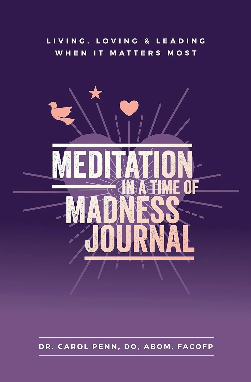 Purple gradient background. 'Living, loving & leading when it matters most' is top center. The book title is over the graphic of a large lavender heart with an eye at its center, surrounded by icons of a star, a small heart, and a bird