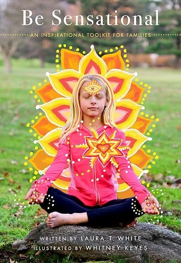 Boon cover - A girl with blond hair wearing a pink hoodie and black pants is sitting in a meditation pose with her eyes closed in concentration. She's sitting on a rock in a grass lawn. A yellow, white,a dn orange mandala is drawn around her.
