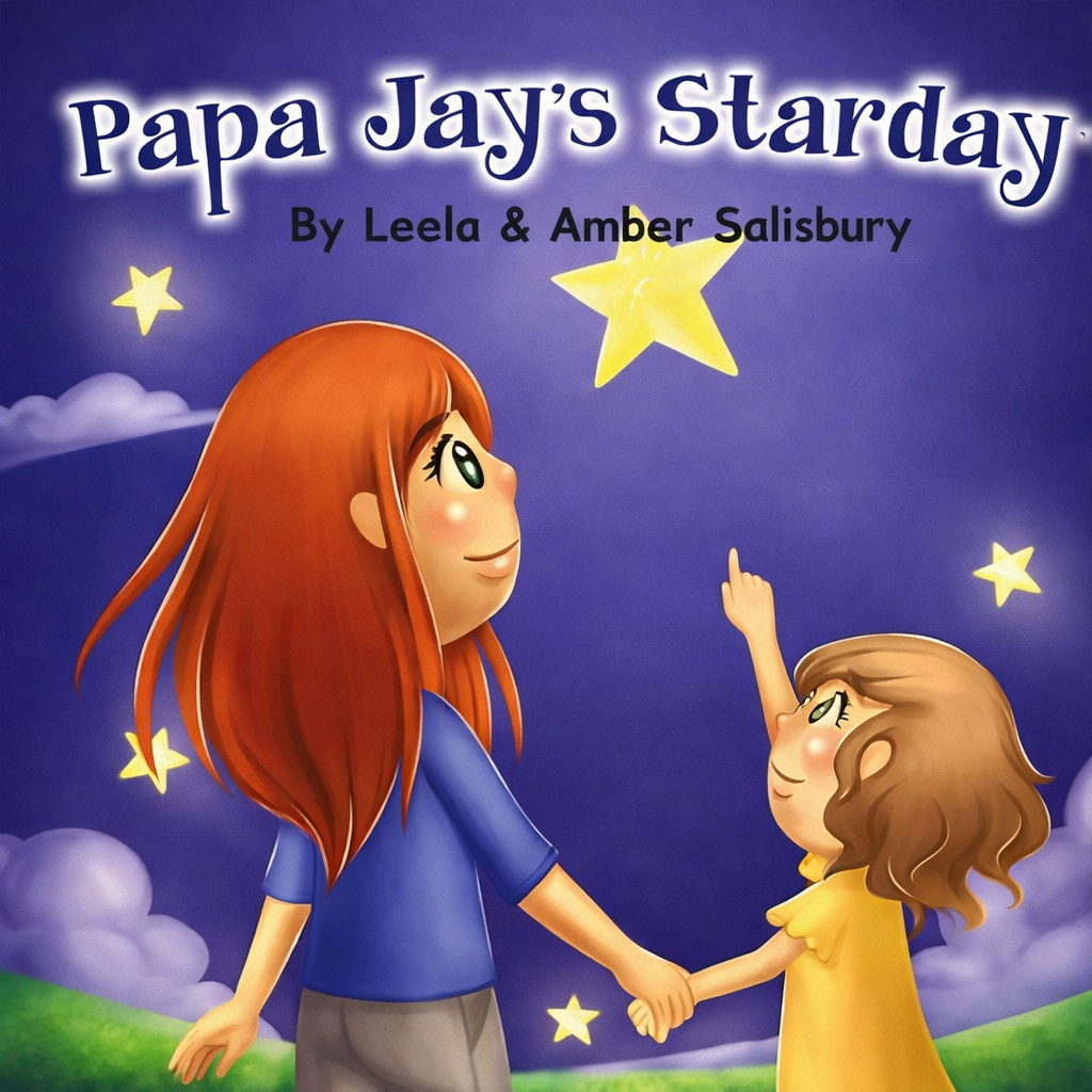 Book cover for Papa Jay's Starday: Starday. A mother and child standing outdoors looking up at the night sky studded with stars. The child is pointing to one star that is larger than the rest.