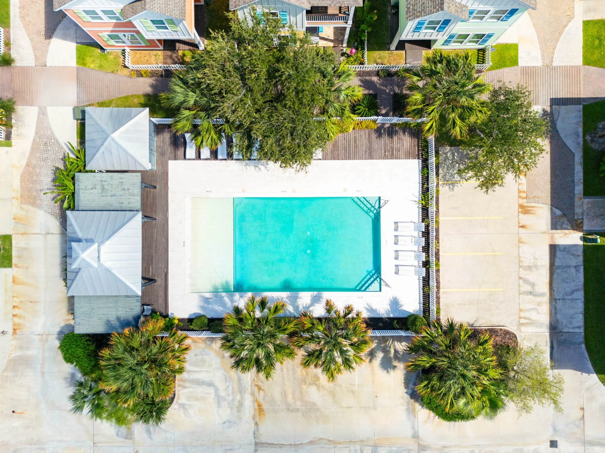 Aerial view of resort-style pool and vacation homes at Marina Del Rey in Rockport TX
