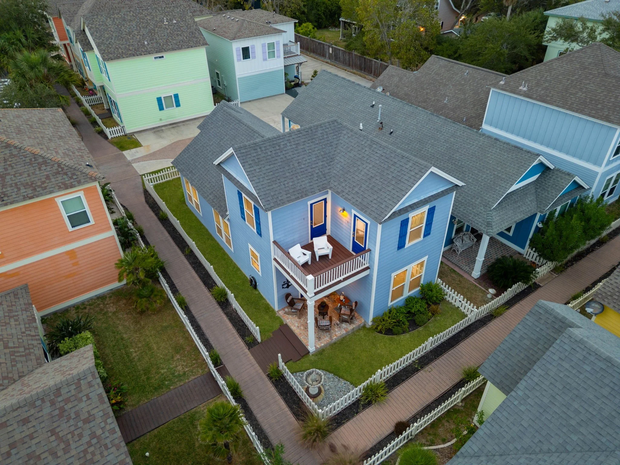 Aerial photo of Marina Del Rey vacation rental community in Rockport TX at sunset, near the waterfront