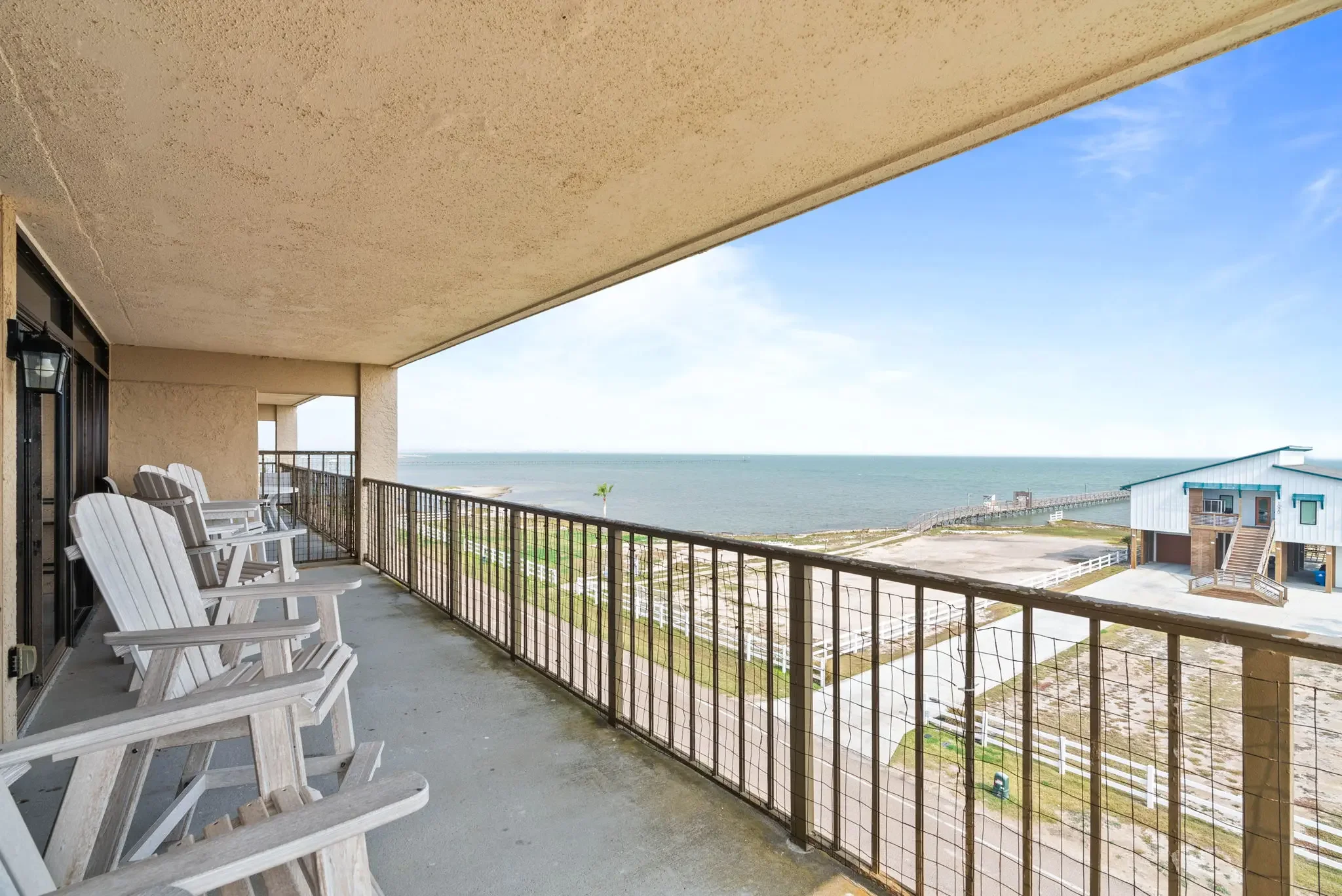 Private balcony at Grandview condo overlooking Aransas Bay in Rockport, Texas