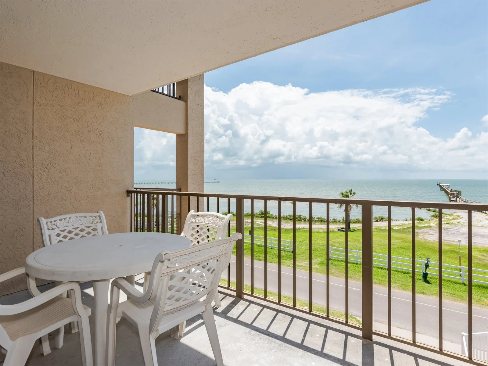 Private balcony at Tradewinds condo overlooking Aransas Bay in Rockport, Texas