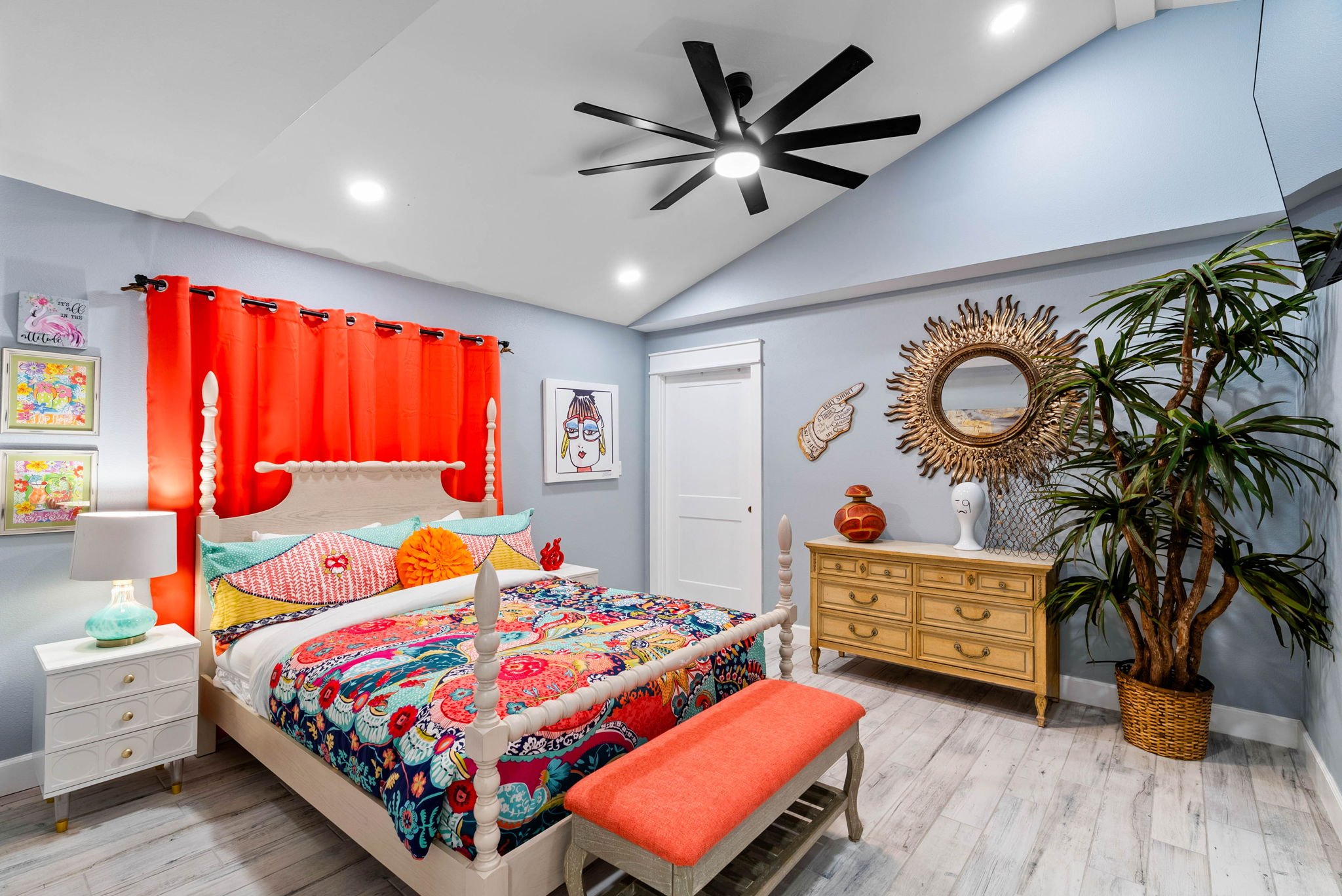 Vibrant guest suite with vaulted ceilings and boutique coastal design in a Rockport TX vacation rental.