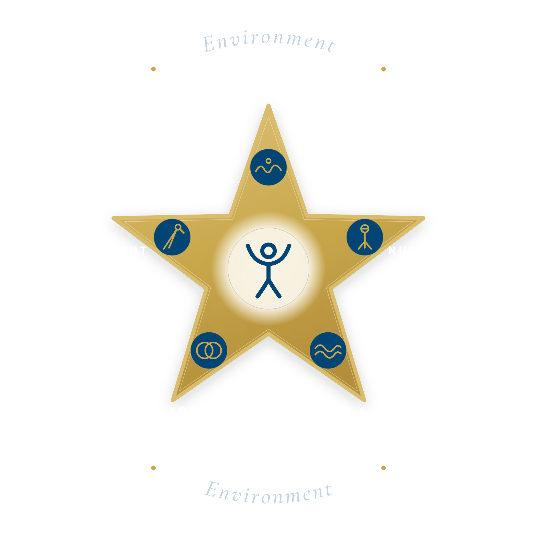 The Foundation First Health star: Nervous System Regulation, Nutrients, Movement, Rest & Restoration, and Social Connection, held within a ring of Environment.