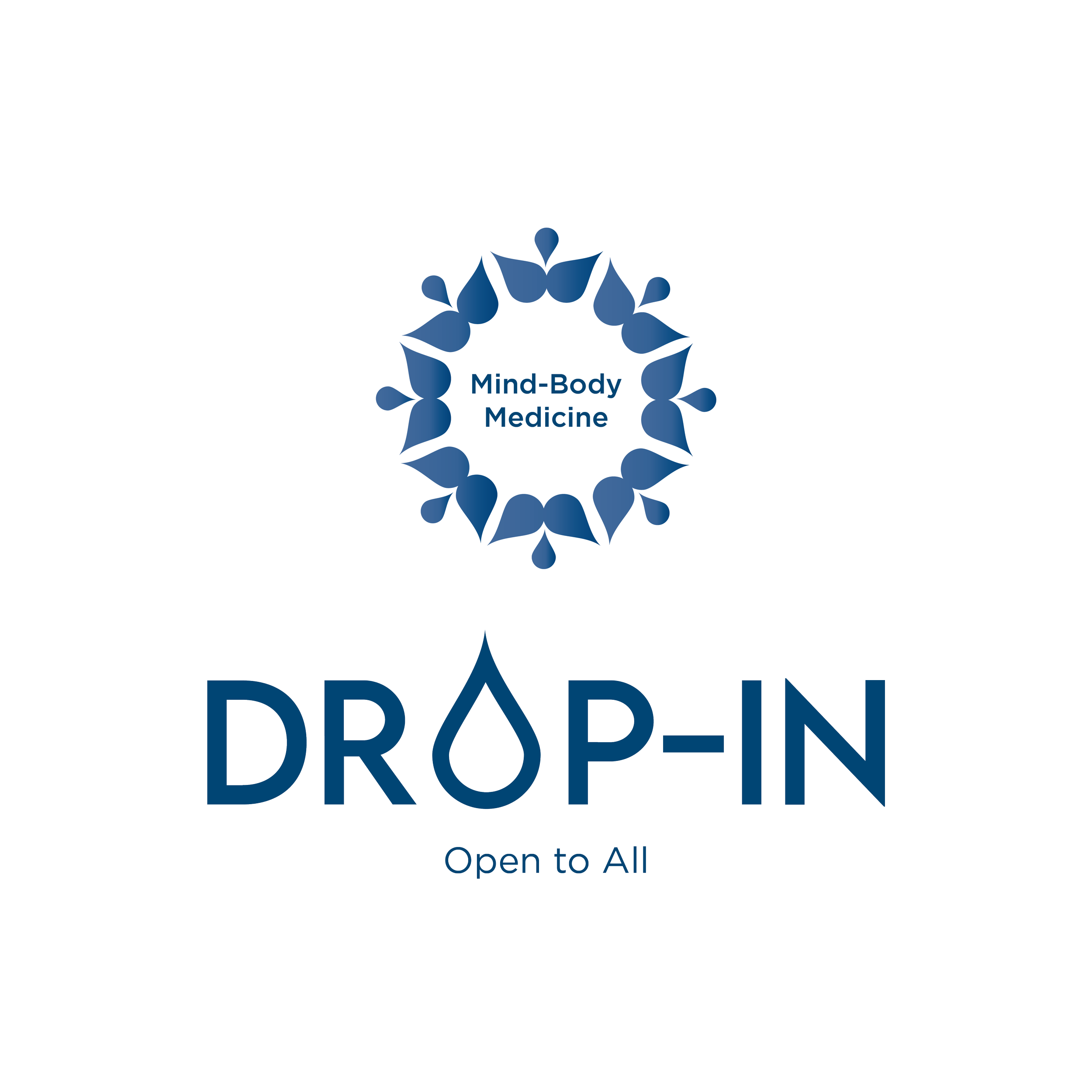 Logo for Mind-Body Medicine Drop-In, open to all, featuring a circular design with a blue abstract floral pattern and a drop symbol, with the text 'Mind-Body Medicine' inside and 'DROP-IN' with a water droplet replacing the 'O'. Qi lines and a leaf-like tagline beneath.