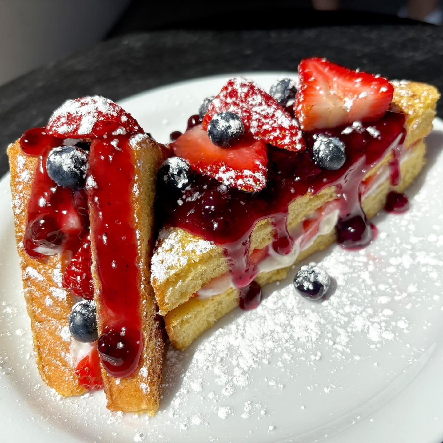 Which one of our new specials are you trying first!?

1. 🫐Very Berry Stuffed French Toast!🍓

Fresh Blueberries and Strawberries joined with sweet cream cheese, layered between two pieces of egg dipped Texas toast. Topped with warm blueberry compote