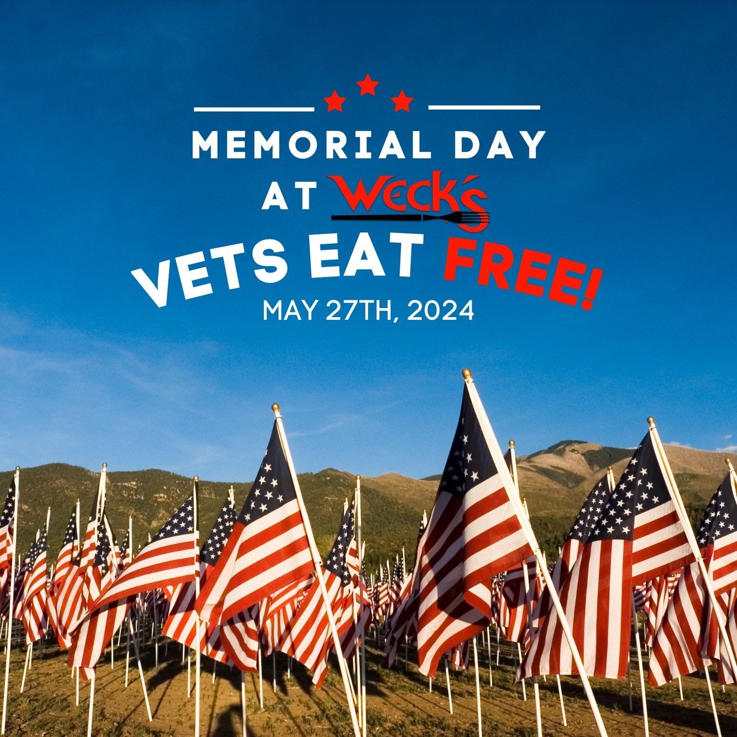 THIS MEMORIAL DAY! 🇺🇲Veterans and Military personnel eat free! We honor all who have fallen while serving our country and all who are currently serving.⁠
⁠
Details:⁠
- Monday, May 27th⁠
- Hours of operation: 7am-2pm ⠀⠀⠀⠀⠀⠀⠀⁠
- One meal per person⠀⠀