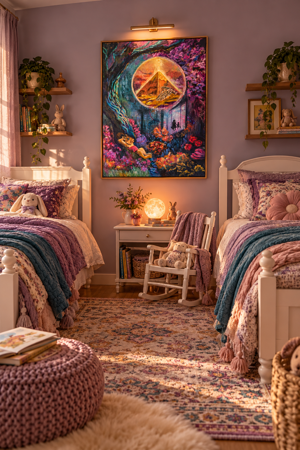 Dreamy Twin Bedroom with Mystical Artwork.png