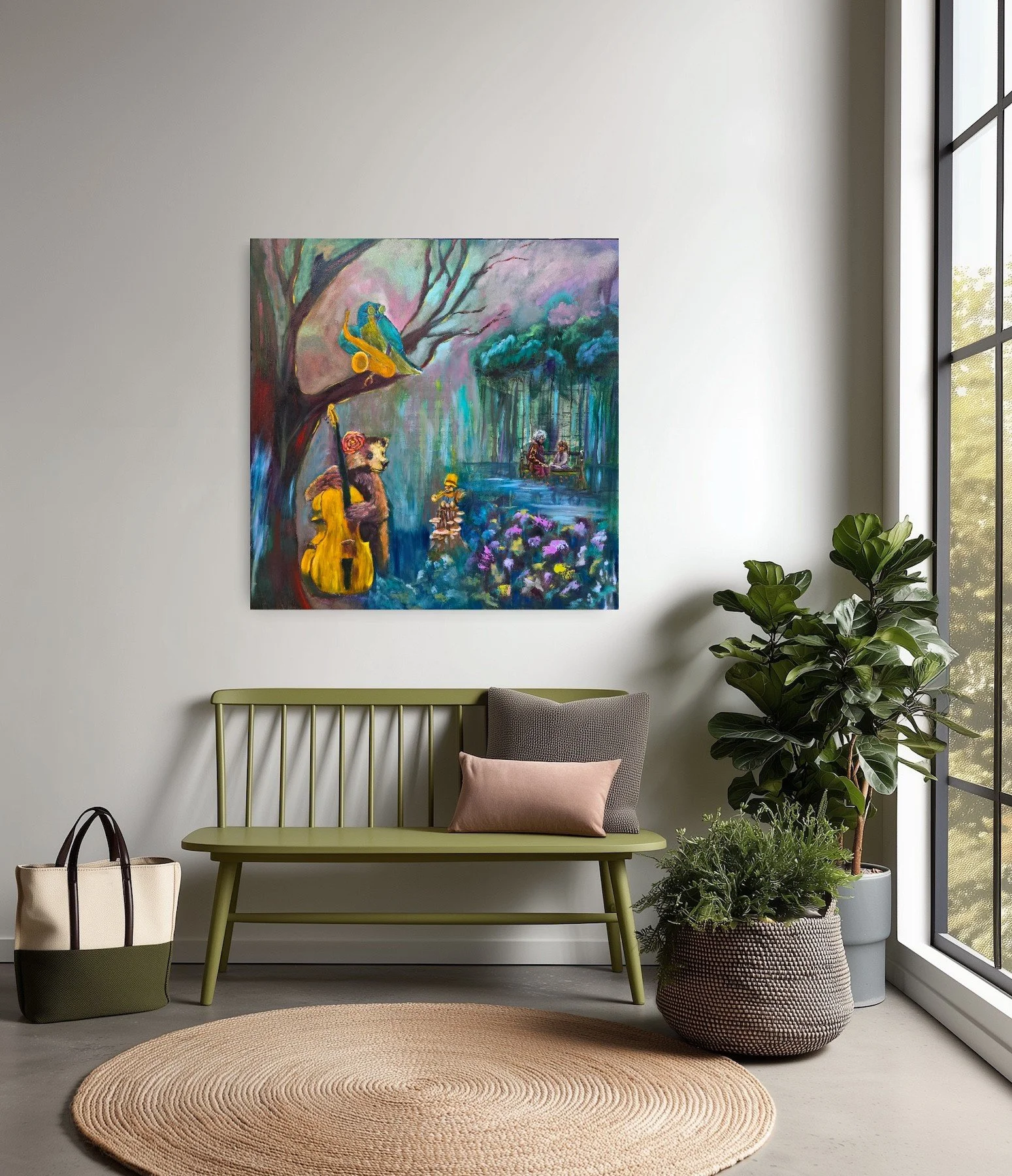 Evelyne Verret's painting The Smallest Trumpet shown in a lobby.