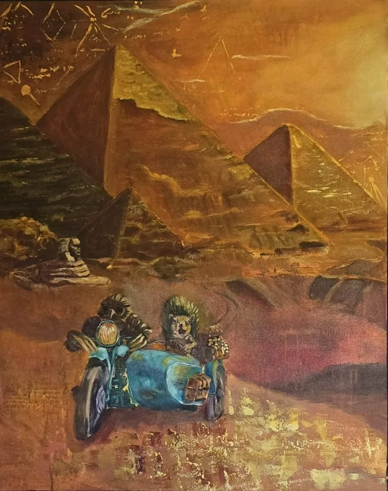 A hawk wearing sunglasses and a leather jacket and a squirrel in a sidecar driving away from the pyramids and the sphinx in Egypt