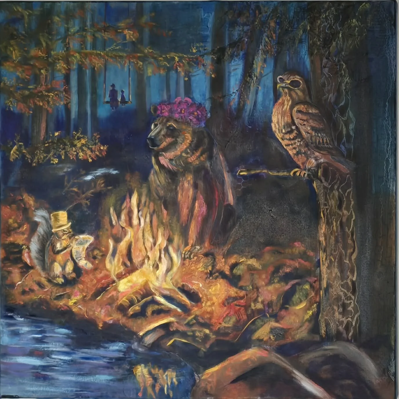A colorful, surreal painting depicting animals and a forest scene, including a bear with a floral crown, a bird with sunglasses, a squirrel wearing a hat and holding a spoon, and a human figure with a boat in the background.
