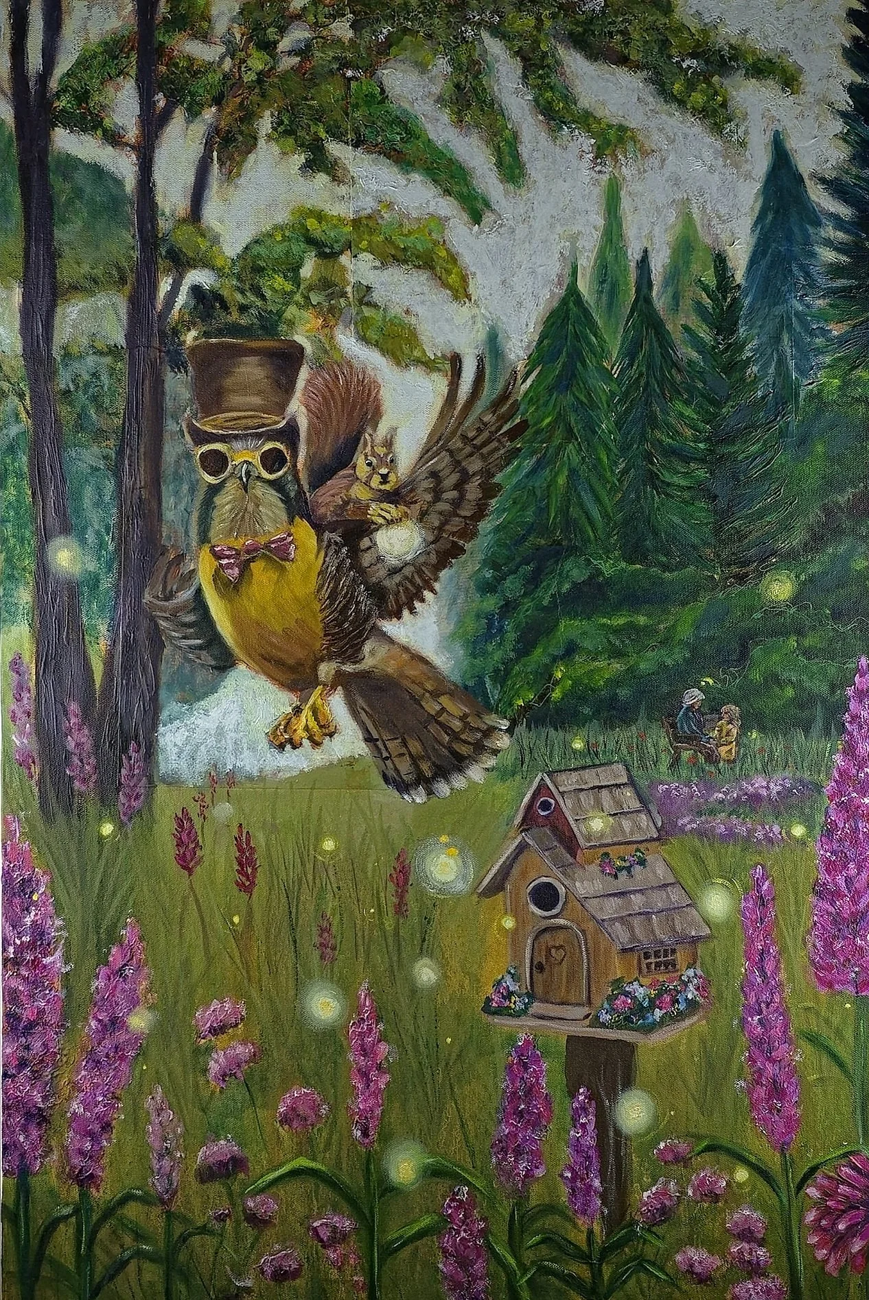 A whimsical painting of a forest scene with a large owl wearing glasses, a top hat, and a bowtie perched on a tree branch. A squirrel is sitting on the owl's wing. In the background, a couple is sitting on a bench with a small house and a birdhouse surrounded by pink and purple flowers, tall green trees, and a mountain.