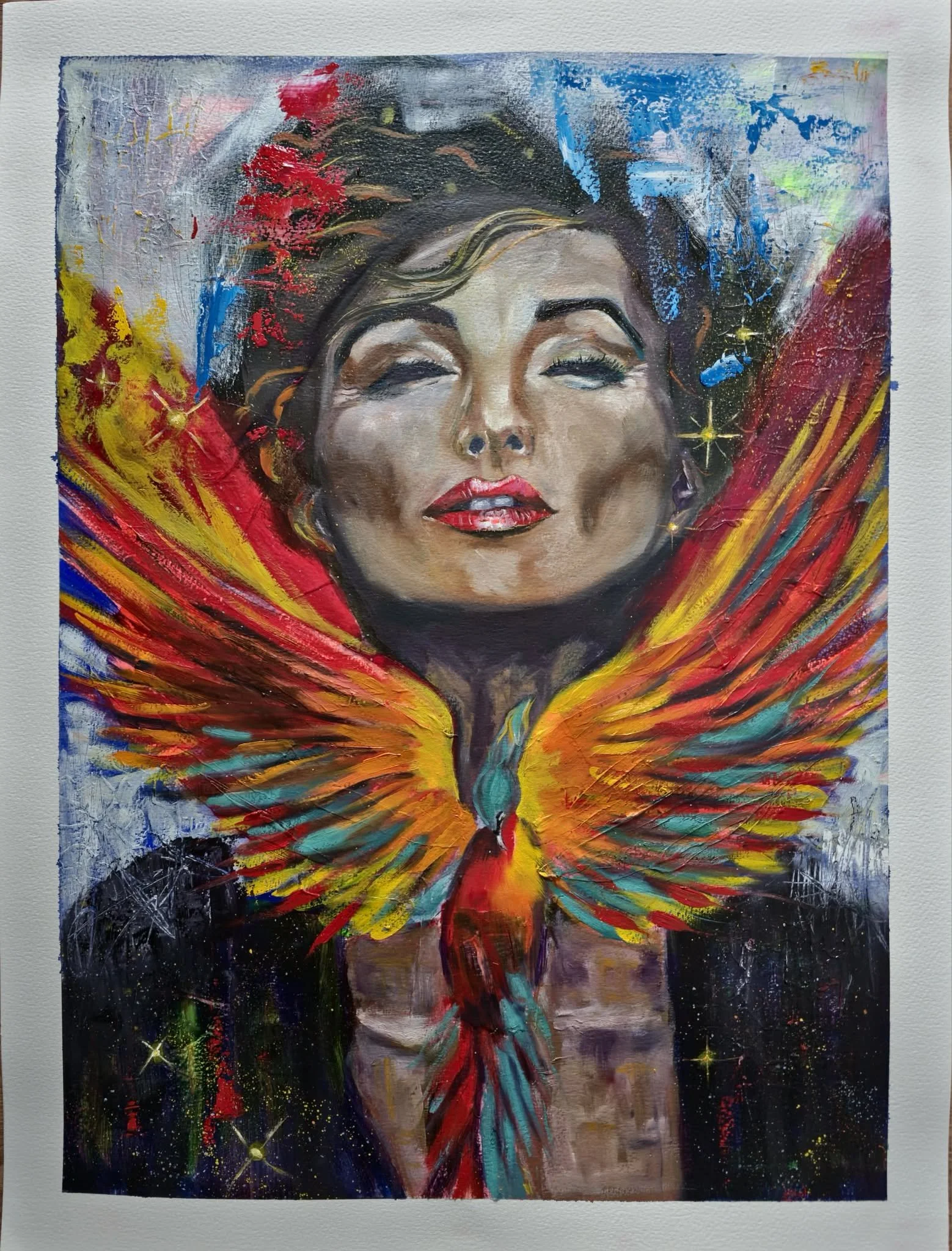 A colorful acrylic painting of a woman with her eyes closed, surrounded by vibrant brushstrokes in red, yellow, blue, and other colors, with gold star-like accents.