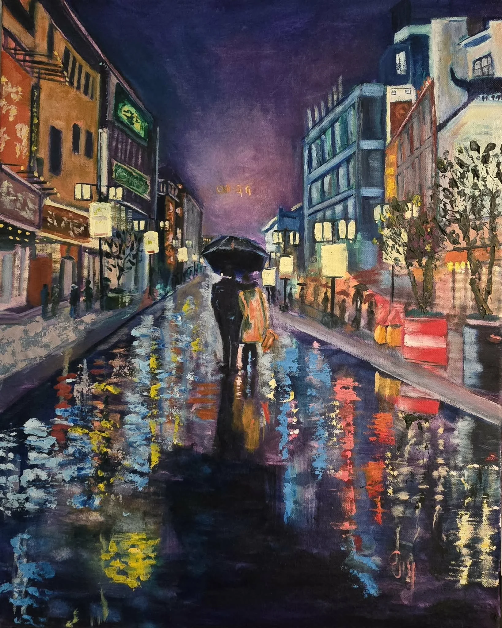 An impressionistic city street scene at night, with colorful buildings and illuminated storefronts reflected in a wet street, pedestrians walking with umbrellas, and a dark sky overhead.
