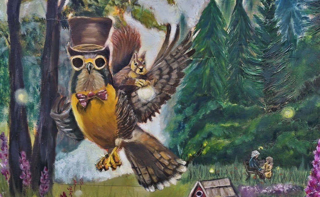 A colorful painting of an owl wearing glasses, a top hat, and a bow tie, with a squirrel riding on its wing, in a forest with trees, flowers, and two people sitting on a bench in the background.