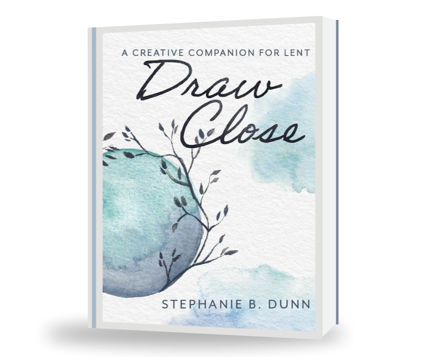 Cover of a book titled "Draw Close" by Stephanie B. Dunn, with watercolor illustrations of a tree branch and a blue watercolor background, labeled as a creative companion for Lent.