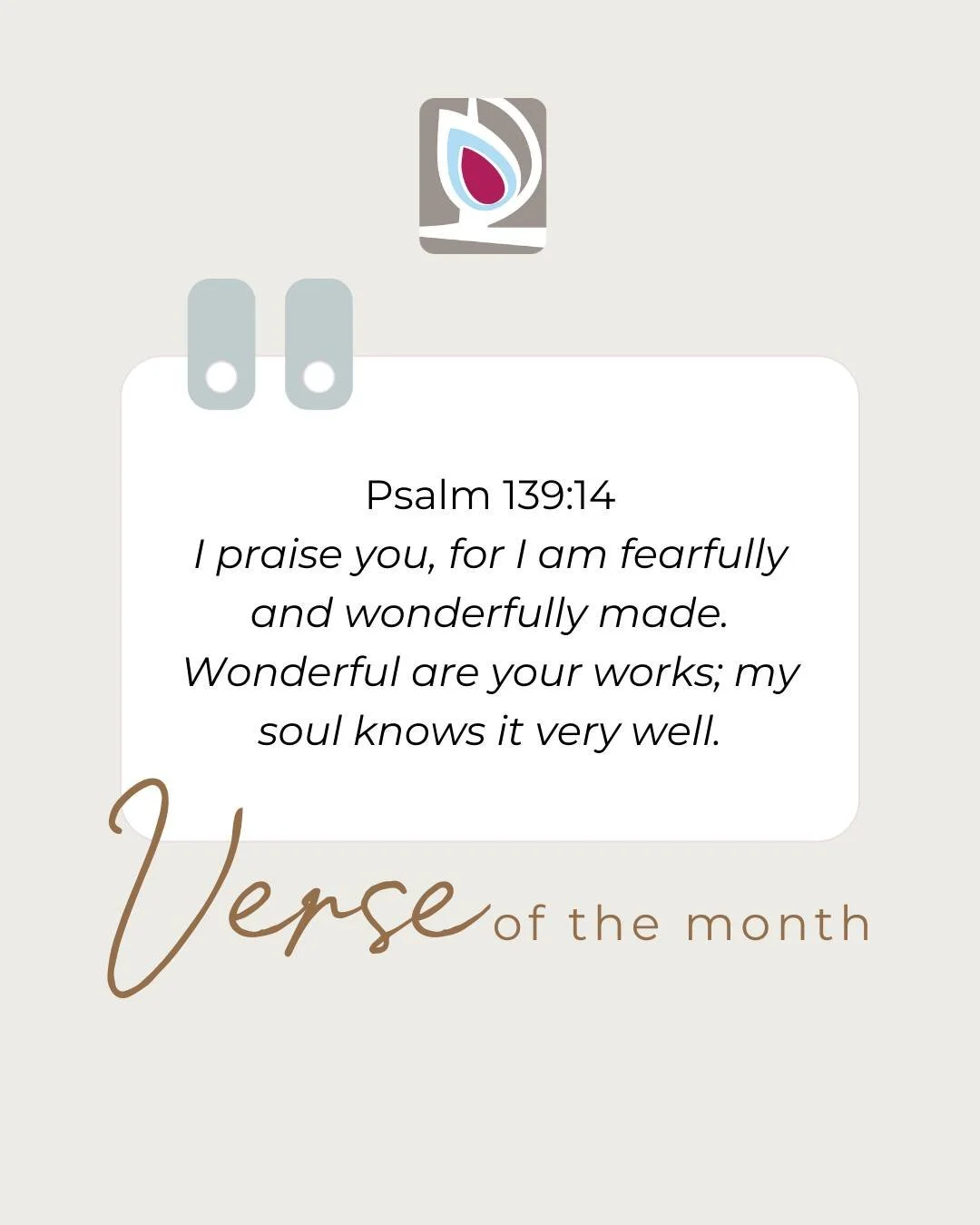 A gentle reminder this month: you are created with purpose and intention. 🤍

Let this verse speak truth over you today &mdash; you are wonderfully made.

#VerseOfTheMonth #Psalm139 #FearfullyAndWonderfullyMade #FaithEncouragement