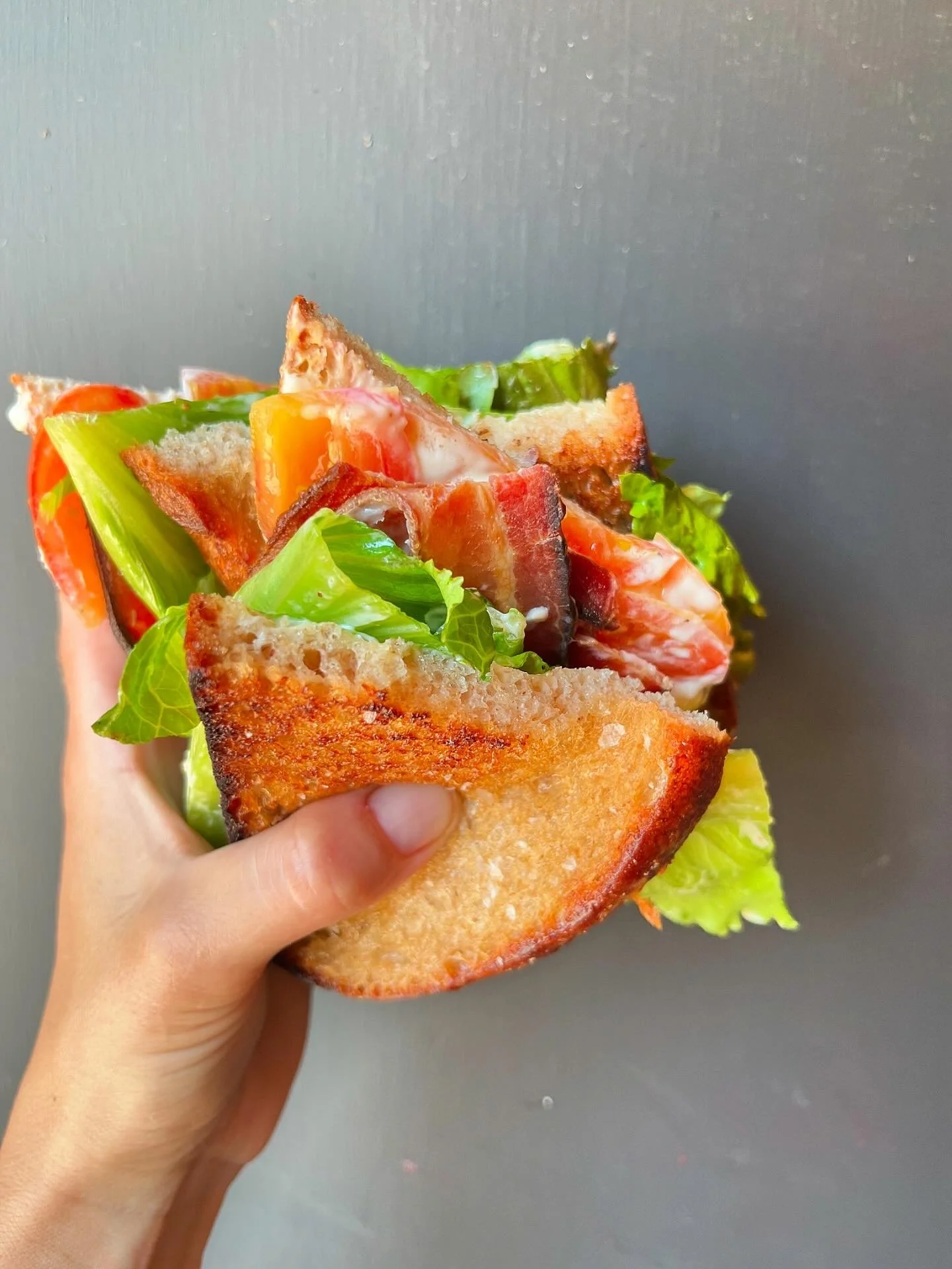 half of a blt held in the air