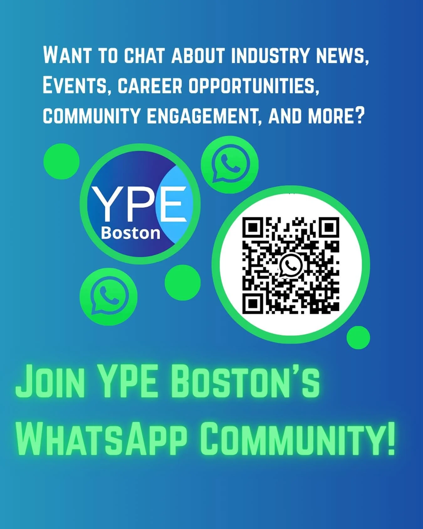 We are excited to launch a new WhatsApp Community for members to chat about general energy and climate news, YPE and non-YPE events happening around Boston, career advice and job openings, community engagement and volunteering opportunities, and more
