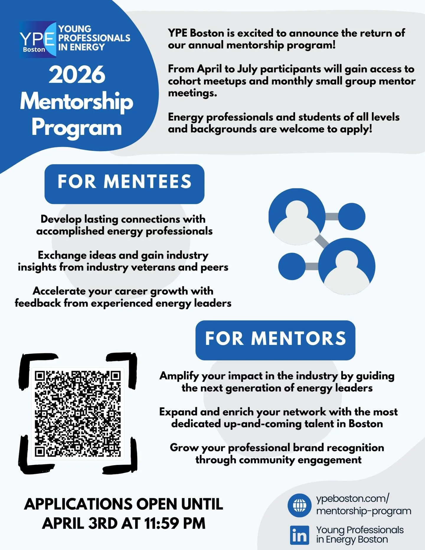 ‼️ANNOUNCEMENT!‼️ YPE Boston is excited to kick off our 2026 Mentorship Program! 🕺 Applications are due by April 3, 2026 at 11:59 pm ET!!! ⚡This is an incredible opportunity for young professionals to connect and learn from more experienced professi