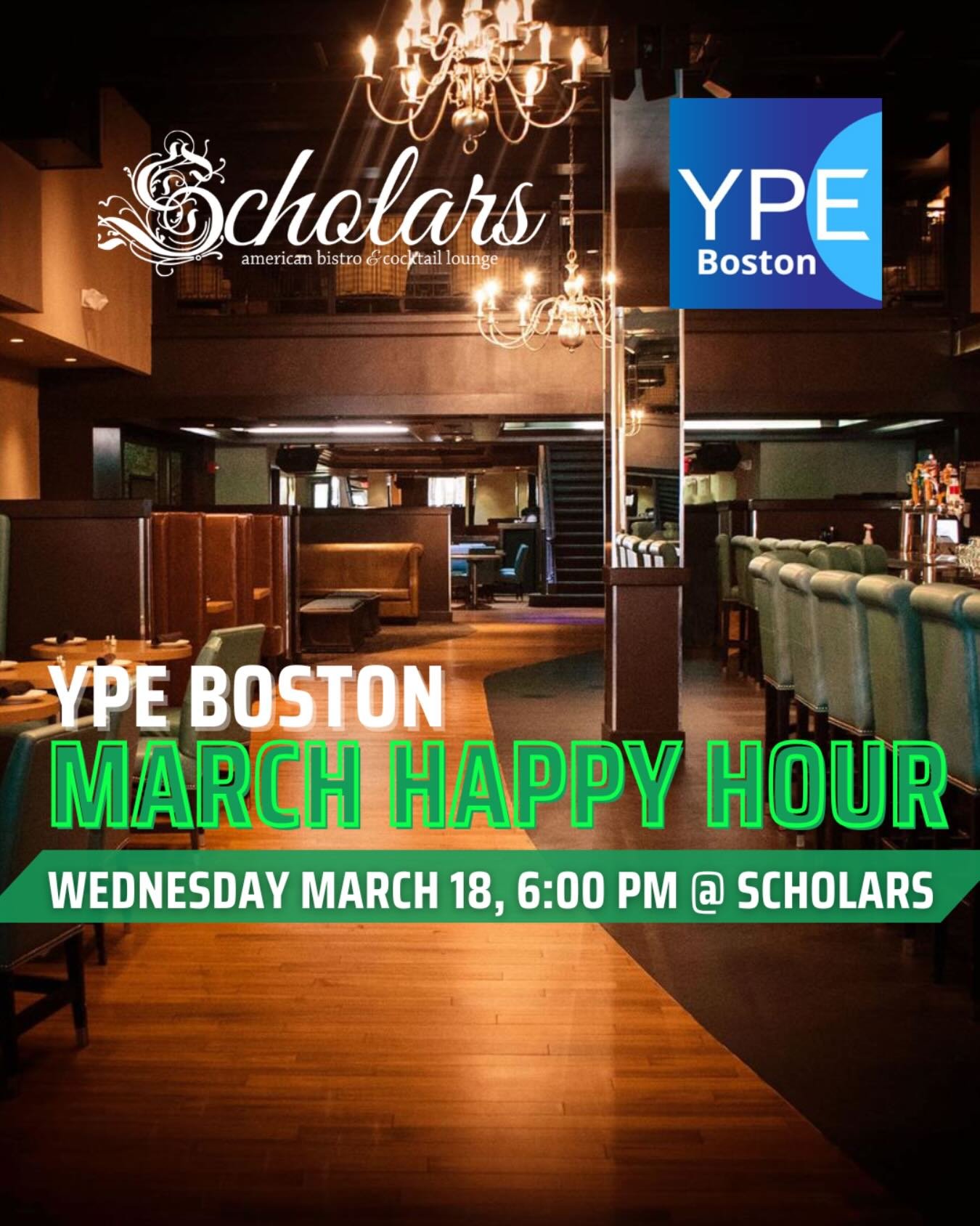 Join us for our March Happy Hour this Wednesday at 6pm at Scholars! 💚🍀🍻