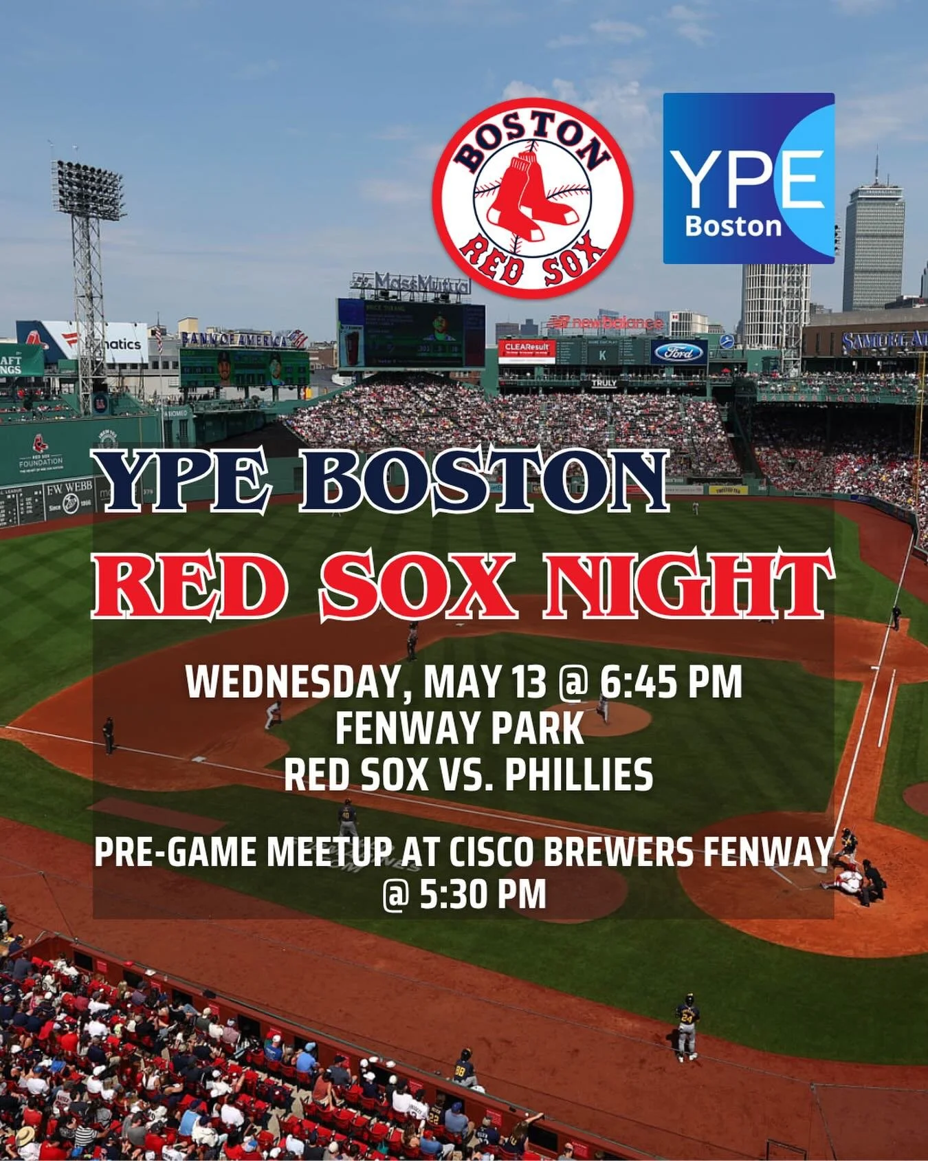 🚨🧦🚨 YPE Red Sox Night! 🚨🧦🚨 Join YPE on Wednesday May 13th at 6:45 to watch the Red Sox play the Philadelphia Phillies! 

We will have an optional meetup before the game at Cisco Brewers in Fenway at 5:30 🍻

‼️ Our link to purchase tickets has 