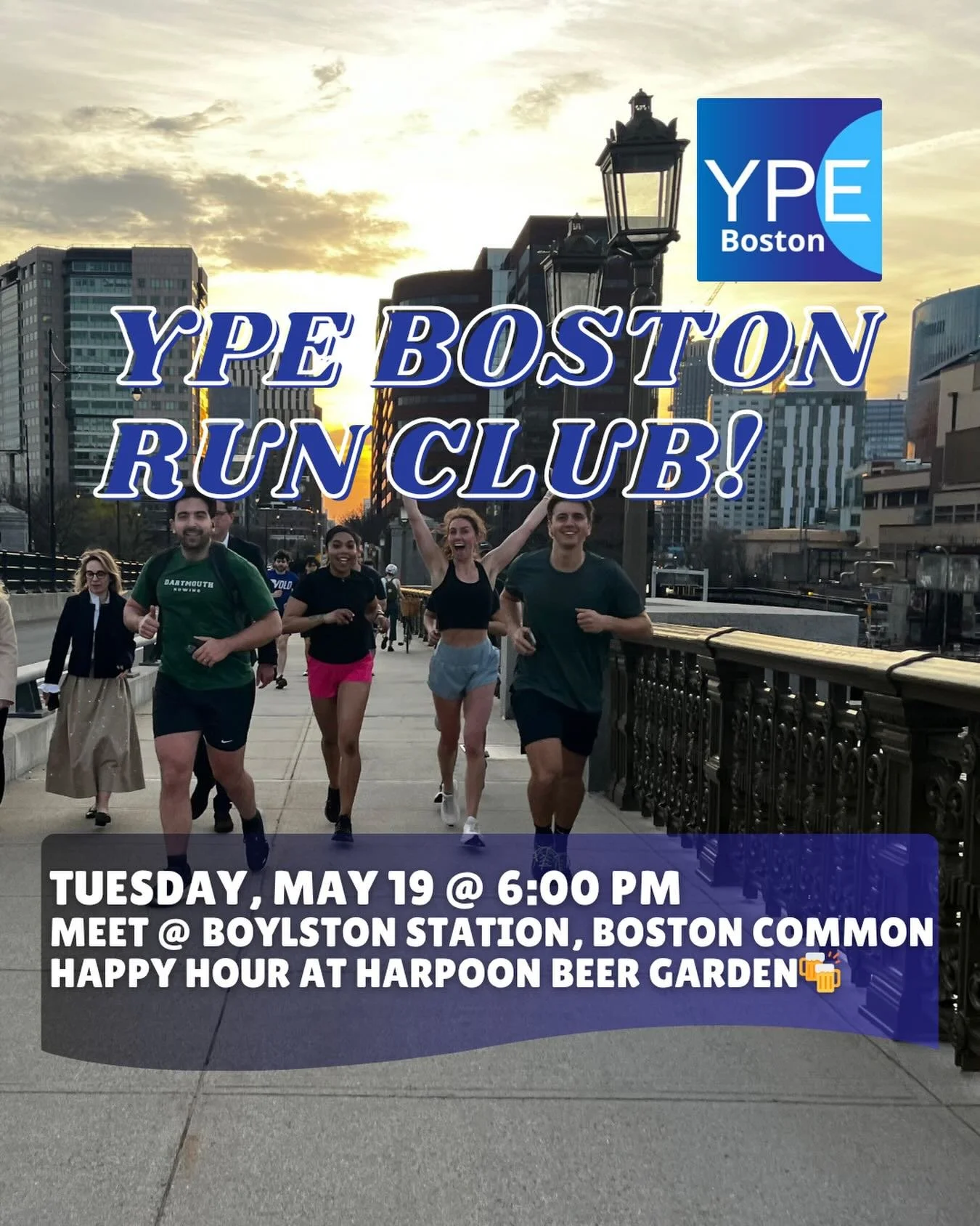Join us for YPE Boston&rsquo;s second run club meet-up! Meet us at Boylston Station in Boston Common behind the Harpoon Beer Garden on Tuesday, May 19 at 6:00 pm for a 4ish mile party-pace loop around the Charles River and back to link up for YPE Bos