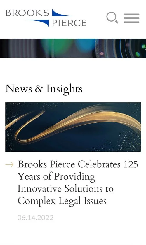 Brooks Pierce News & Insights page highlighting firm updates and articles on complex legal issues.