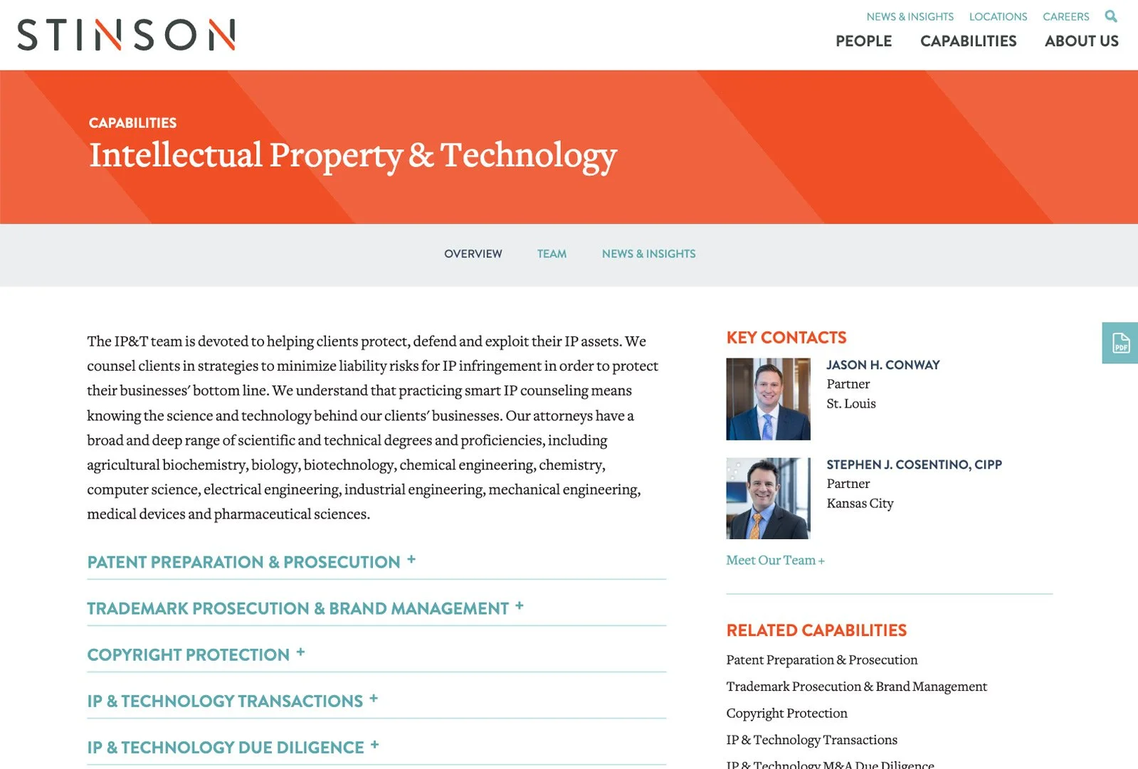 Stinson law firm Intellectual Property and Technology capabilities page showing overview content and key contacts.