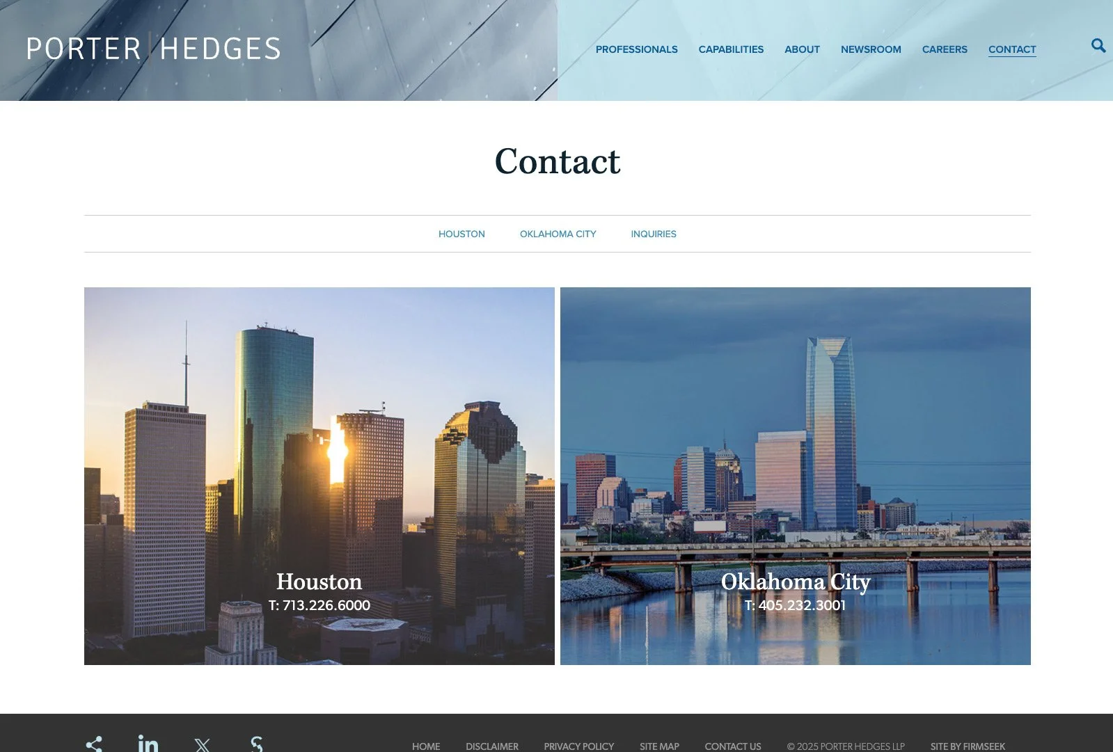 Porter Hedges contact page with Houston and Oklahoma City office locations.