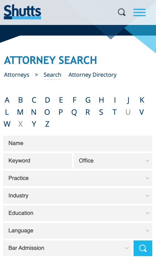 Shutts & Bowen mobile attorney search page with alphabetical directory and filter options.