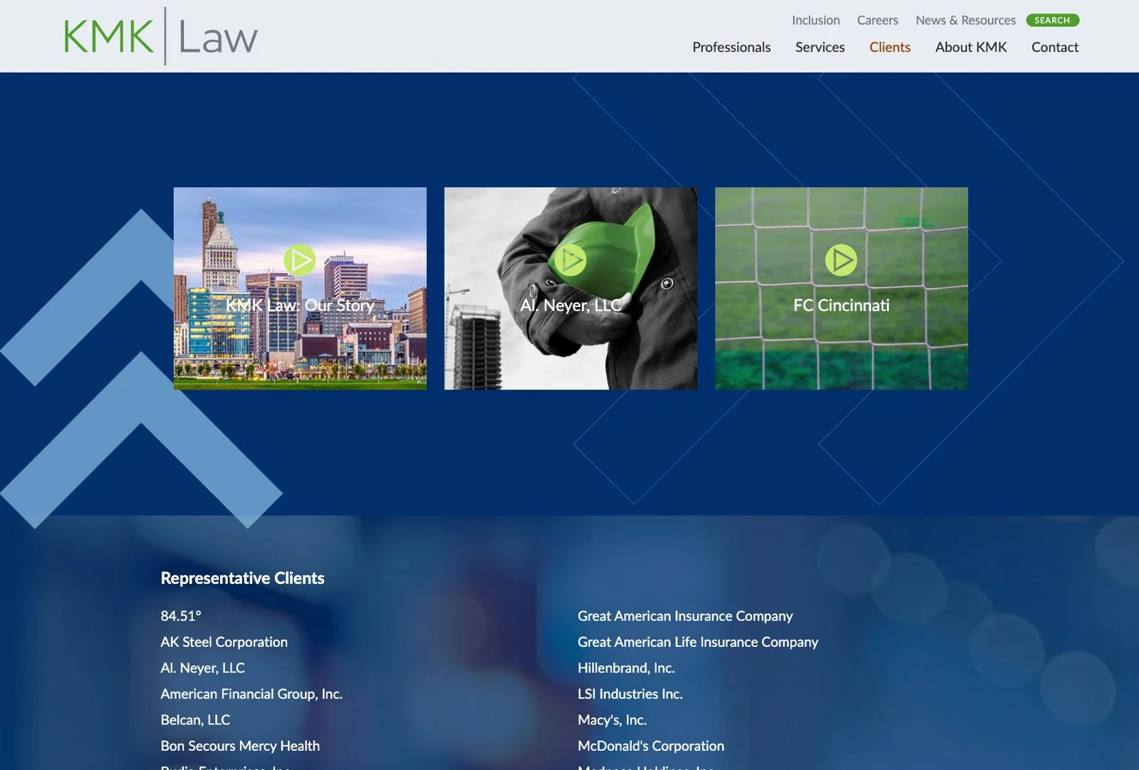 KMK Law representative clients page with geometric blue background and organized client list showcasing the firm’s depth across industries.