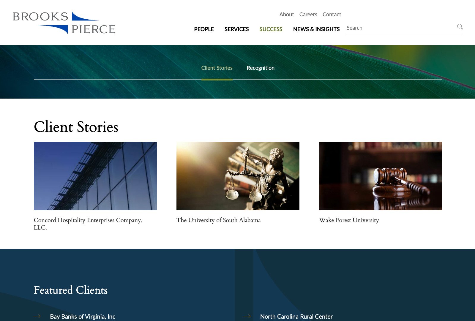 Brooks Pierce client stories page showcasing case examples and success stories.
