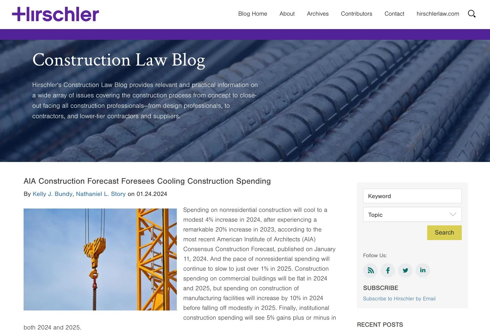 Hirschler Construction Law Blog featuring latest posts and legal insights in a clean article layout.