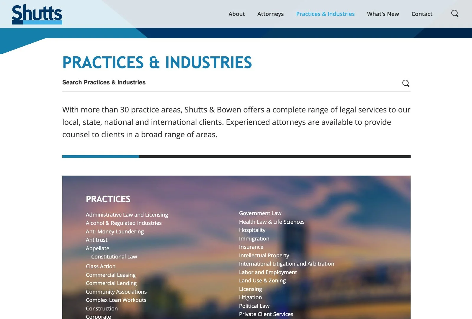 Shutts & Bowen practices and industries page listing more than 30 practice areas with skyline imagery.
