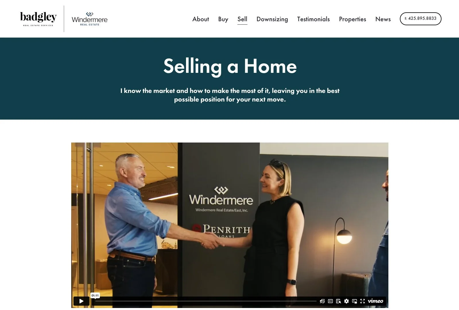 Screenshot of Badgley Homes website selling a home with introduction content and video of Jim Badgley meeting a client..