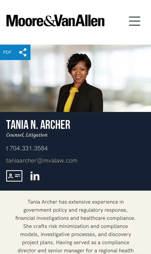 Mobile attorney profile for Tania N. Archer on the Moore & Van Allen website, displaying portrait, contact information, and professional bio.