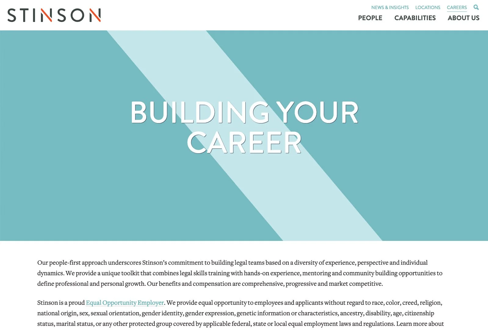 Stinson careers page with bold diagonal slash banner and layered blue tones emphasizing career opportunities.