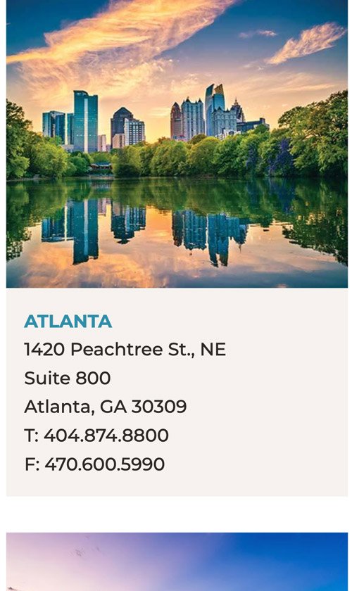 Swift Currie mobile Atlanta office page with city skyline photo and firm contact information.