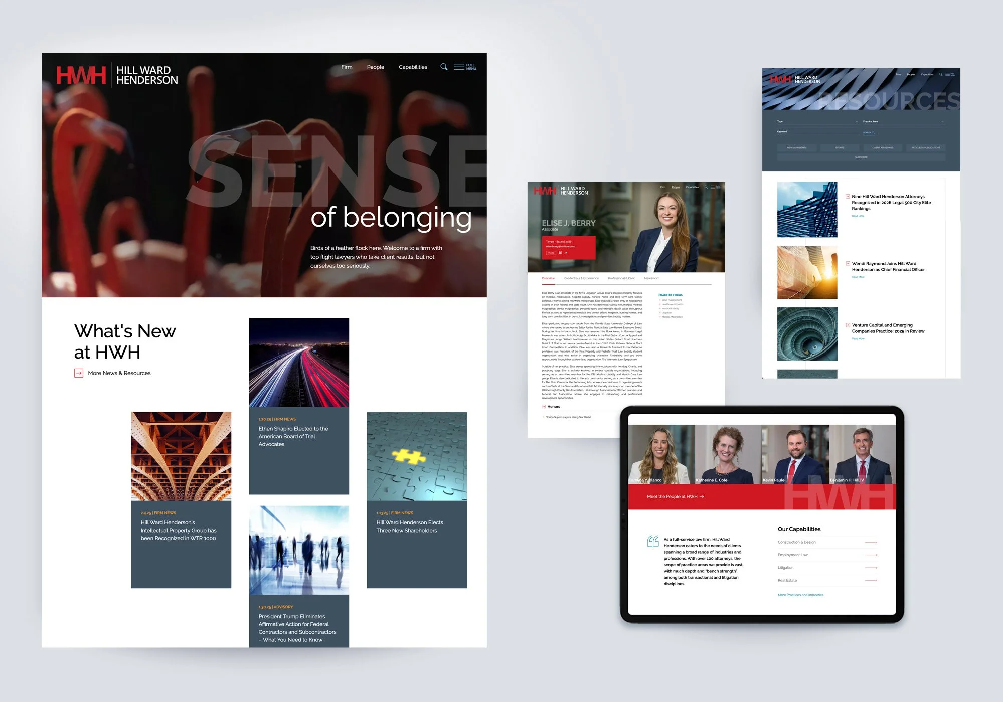 Hill Ward Henderson law firm website design shown across desktop and tablet, featuring a bold red and dark layout, homepage hero, news and resources section, attorney profile, and capabilities overview.
