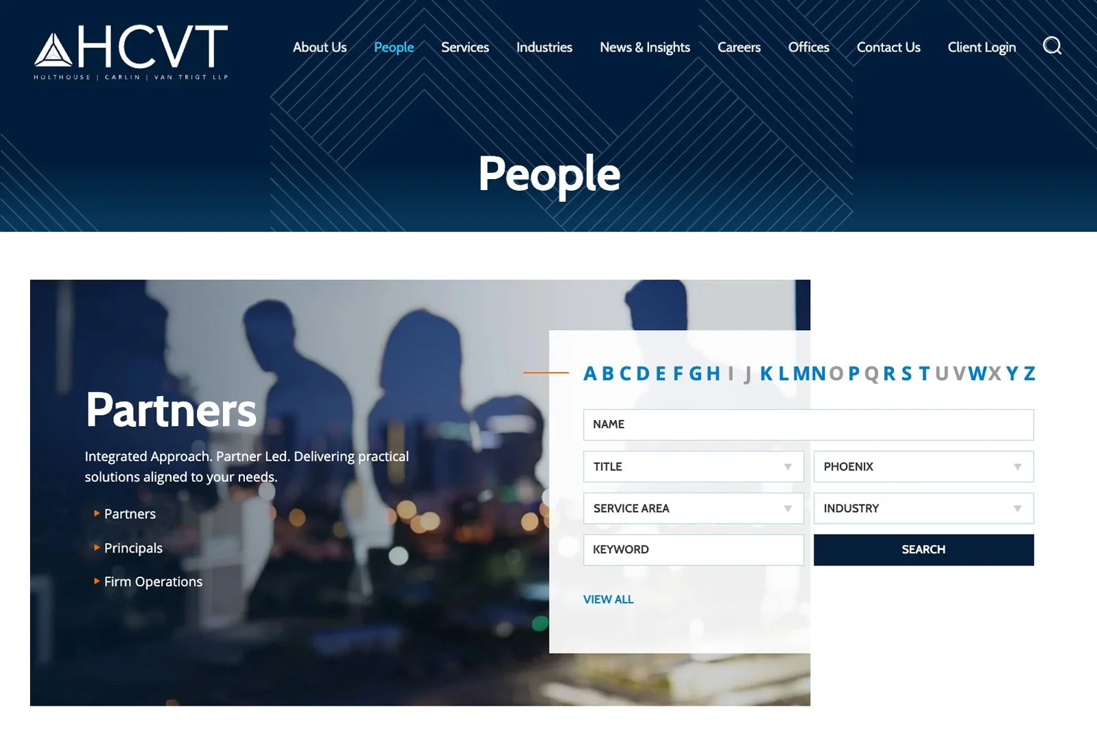 HCVT people directory page with searchable listing of partners and team members.