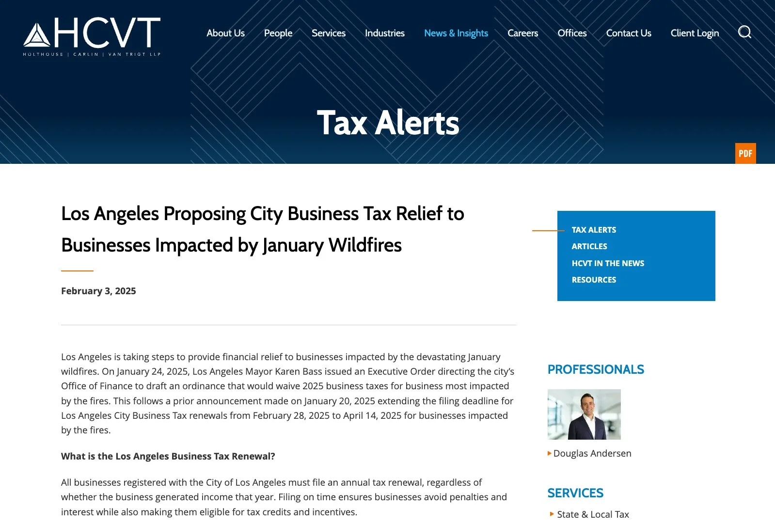 HCVT tax alerts page highlighting firm updates and important client advisories.