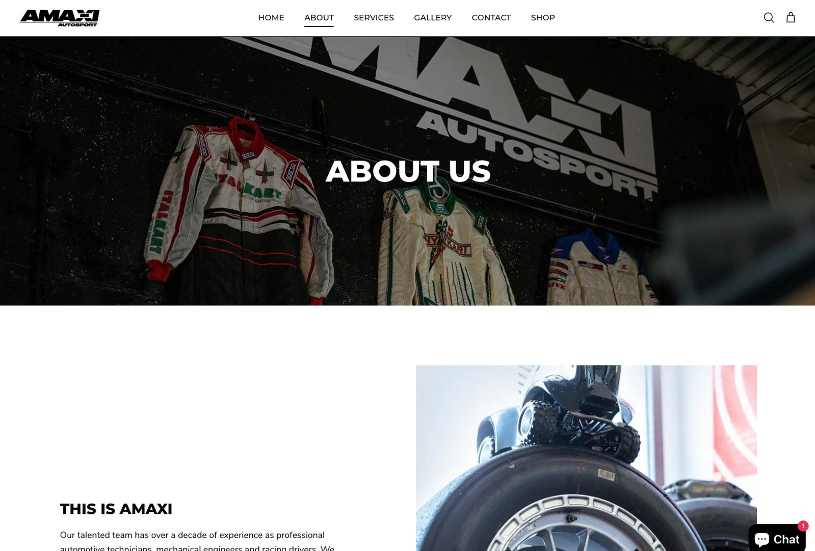 AMAXI Autosport About Us page featuring shop history, racing suits, and details on the team’s craftsmanship and automotive expertise.